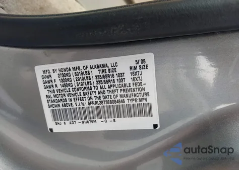 2008 Honda Odyssey Ex-L from USA, damaged, VIN 5FNRL38738B084846